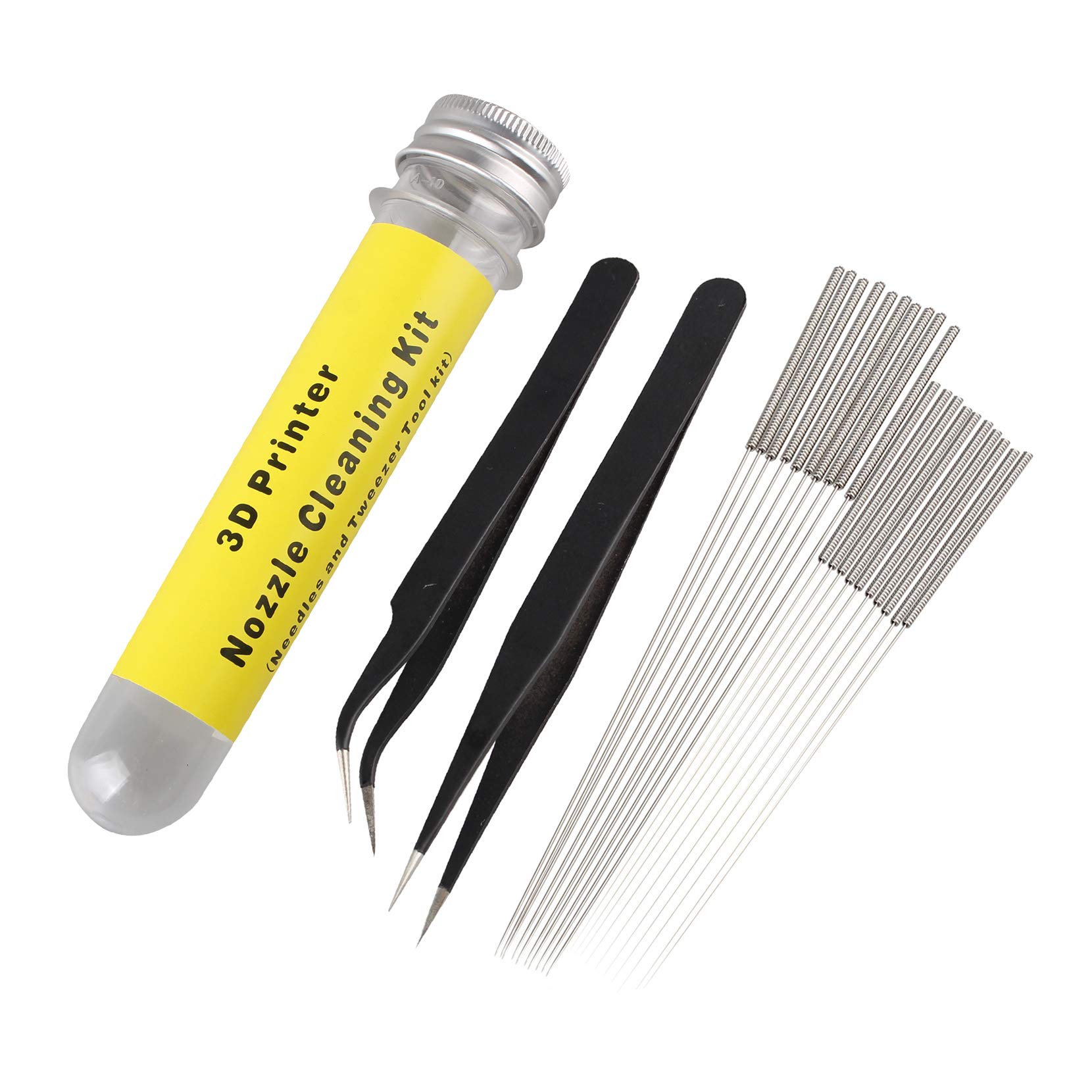 Jopto 22 3D Printer Nozzle Cleaning Kit Stainless Steel Nozzle Cleaning Tool Kit including 10pcs 0.4mm Needles 10pcs 0.35mm Needles and 1pcs Angled Tweezers 1pcs Straight Tweezers for 3D Printer