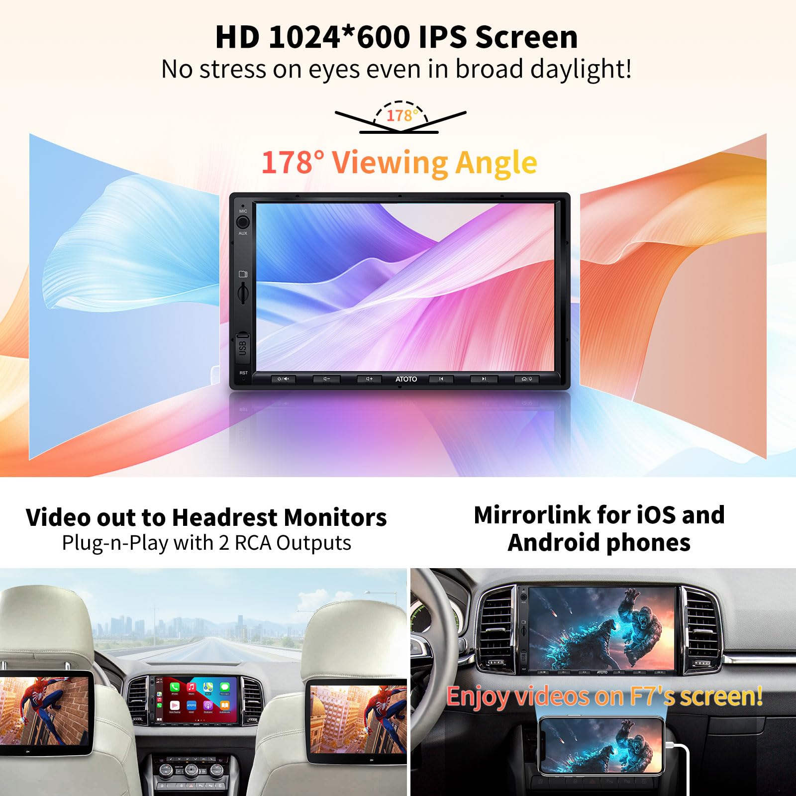 ATOTO F7WE Double DIN Car Stereo Wireless CarPlay, Wireless Android Auto 7inch in-Dash Navigation, Touch Screen Car Radio, Bluetooth 5.3, FM/AM/USB/AUX, 4.1 Channel Audio Out, HD LRV, F7G2A7WE