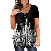 BeadChica Women's Plus Size Tunic Tops Casual Flowy Tshirts Ruched Botton Up Short Sleeve Blouses-Floral-XL White Pattern