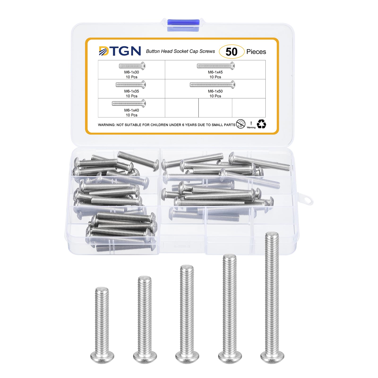DTGN 50Pcs M6-1x30/35/40/45/50mm Button Head Socket Cap Screws - 304 Stainless Steel Bolt Nut Set Washer Assortment Kit - Good for Road Bicycle, Mountain Bike, Auto