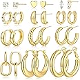 12 Pairs Gold Hoop Earrings Set for Women | 14K Gold Plated Lightweight Twisted Chunky Hoop Earrings Pack for Gift