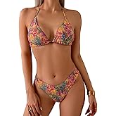 Falainetee Women's Floral Tropical Print Bathing Suit Halter Summer Boho Swimsuit Bikini Set