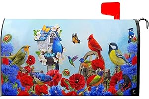 Anyako Spring Cardinal Birds Mailbox Covers Magnetic Standard Size 18" X 21",Red Blue Flowers Mailbox Wraps Post Letter Box Spring Cover for Holiday Garden Yard Decor