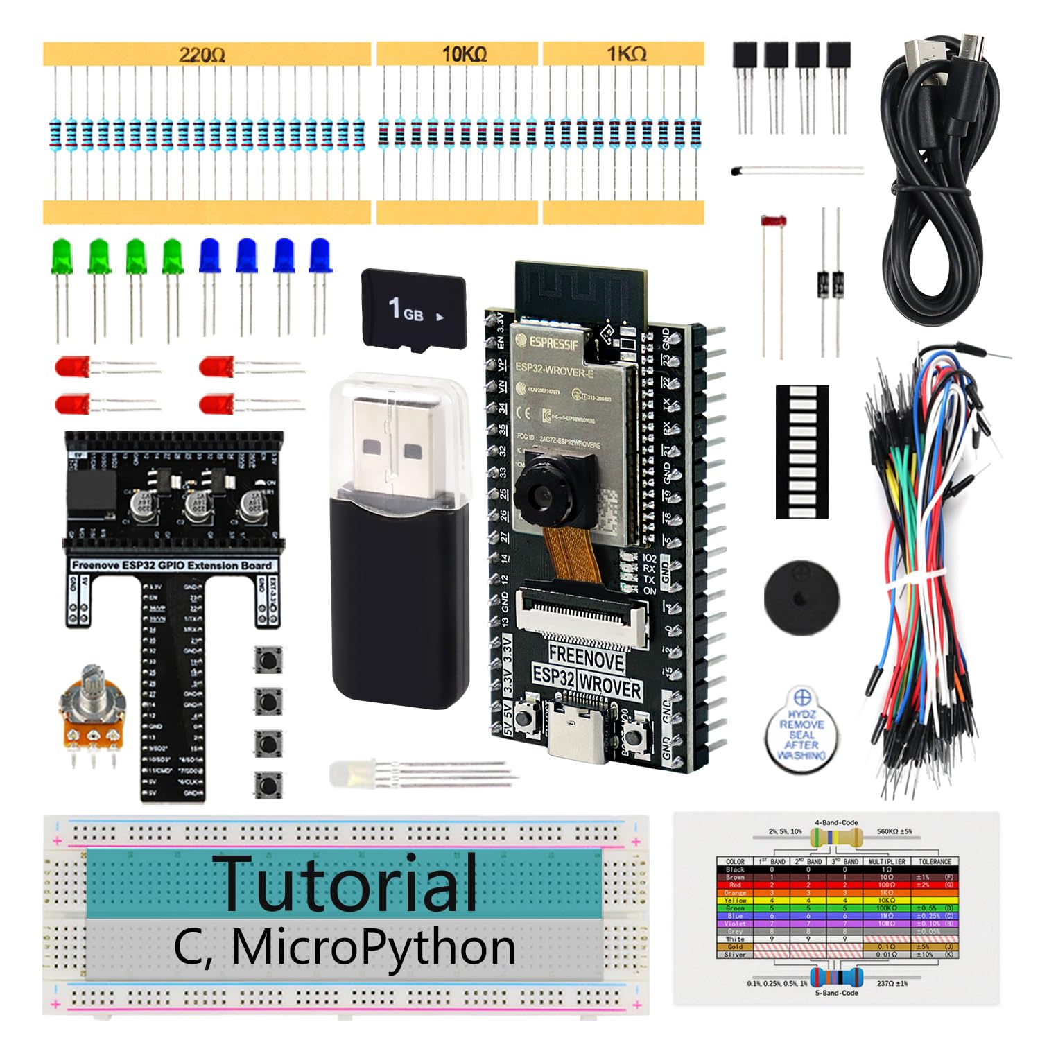 Freenove ESP32 Kit Dev CAM Board Basic Starter Kit, Dual-core 32-bit 240 MHz Microcontroller, Onboard Camera WiFi+BT, 400-Page Detailed Tutorial, Python C Code, 58 Projects, 141 Items