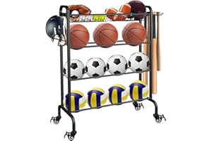 Ardier Ball Rack Organizer with Wheels, 4Tier-Rolling Basketball Racks Holder for Balls, Sports Equipment Storage Stand Organizer for Basketball, Football, Soccer and Volleyball, Black