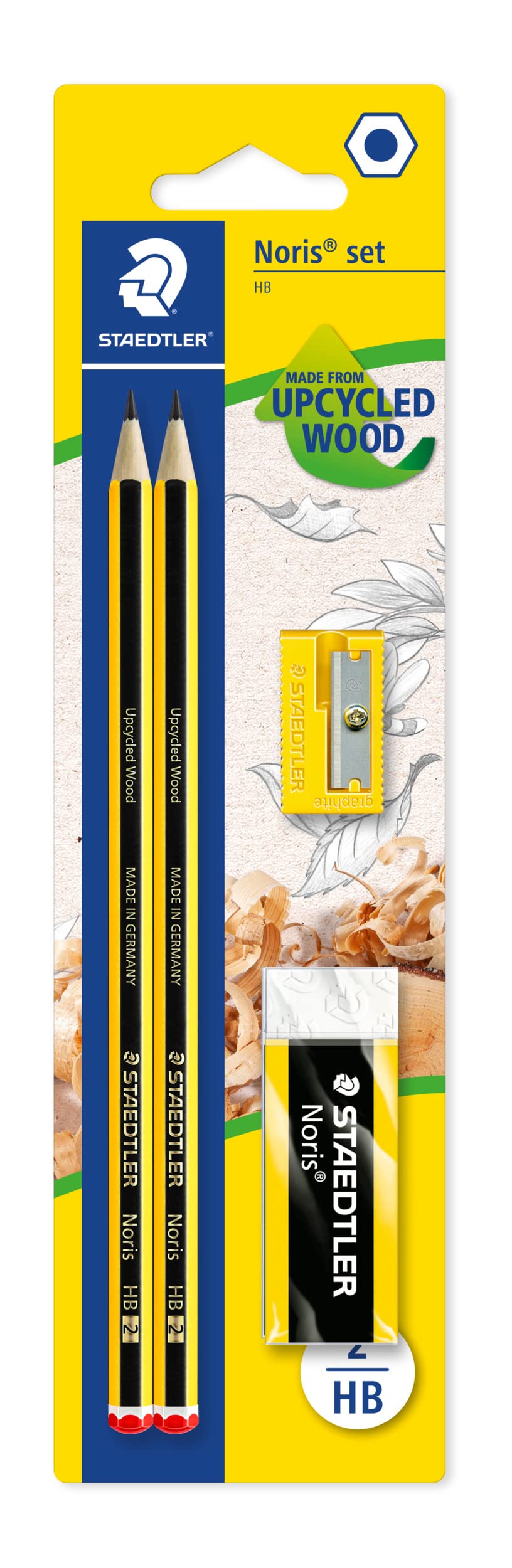 Staedtler 120 SBK-1 Pencils Noris, HB Hexagon, Set of 2, 1 x Pencil Sharpener, 1 Premium Eraser, Made in Germany