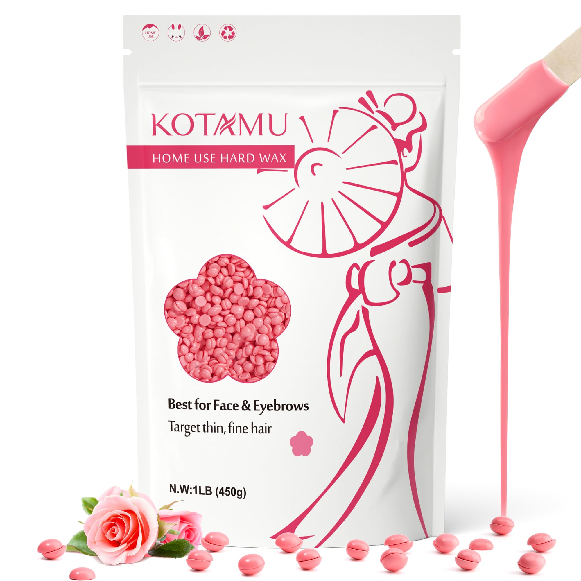 KOTAMU Hard Wax Beads for Hair Removal Professional Waxing Beans for Sensitive Skin, Target Thin Fine Hair 450g Pink Hard Wax Ideal for Home Waxing Face,Eyebrows Chin Body Legs Arms Underarm Bikini