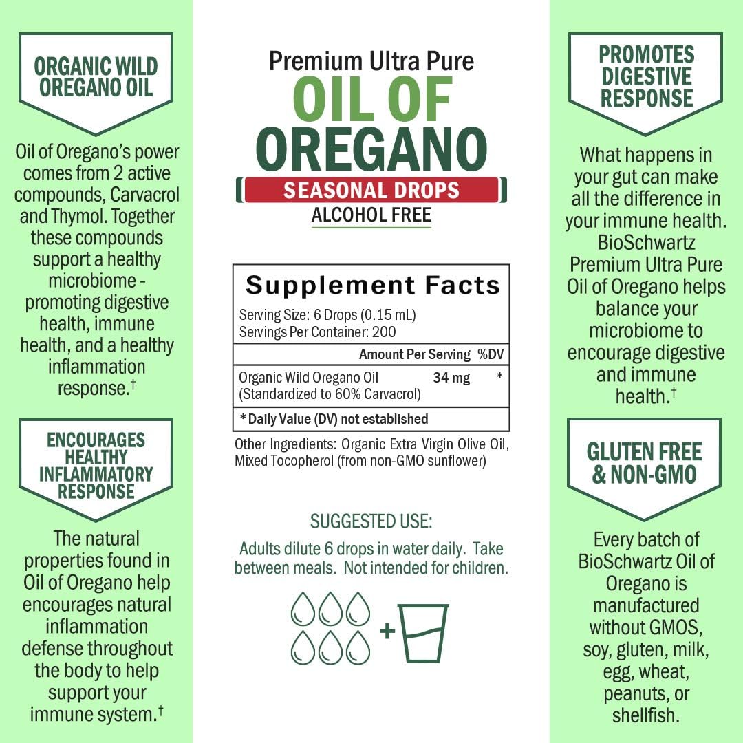 Oregano Oil - Premium Ultra Pure Formula for Immune Support - Made with Organic Oils - Promotes Respiratory Health - 0 Calorie Vegan Seasonal Drops - Alcohol, GMO & Filler Free - 200 Servings: Health & Personal Care