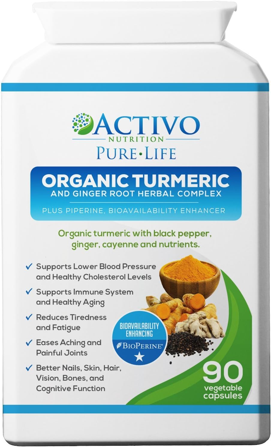 Organic Turmeric Curcumin w/Black Pepper, Ginger and More, Max Potency 95% Curcuminoids, 90 Veggie Capsules for Best Absorption - Made in UK