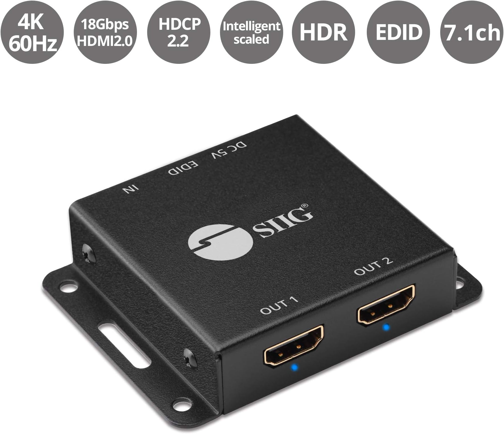 SIIG1x2 Port HDMI 2.0 Splitter 4K 60Hz HDR Compact USB Powered Auto Scaling HDMI Splitter - HDMI 2.0a HDCP 2.2, 18Gbps, YUV 4:4:4, 3D, EDID, Dolby Digital - 1 in 2 Out, TAA compliant (CE-H23K11-S1)