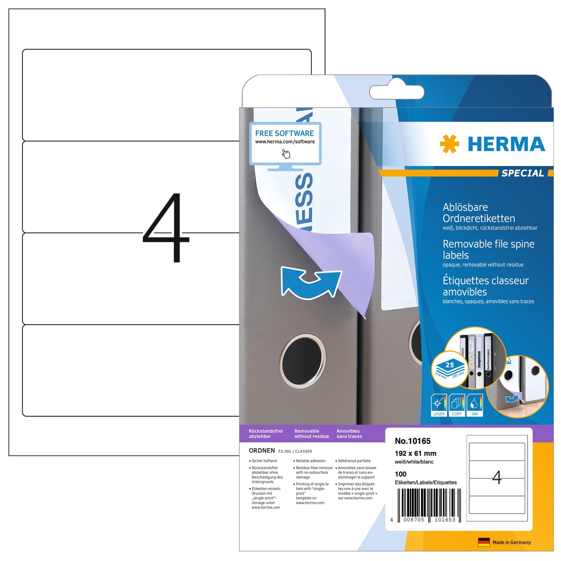 HERMA Self Adhesive Removable Spine Labels, 4 Labels per A4 Sheet, 25 Sheets, 192 x 61 mm, 100 Labels, Blank Lever Arch File Folder Stickers, Sticky Labels for Laser & Inkjet Printer, White
