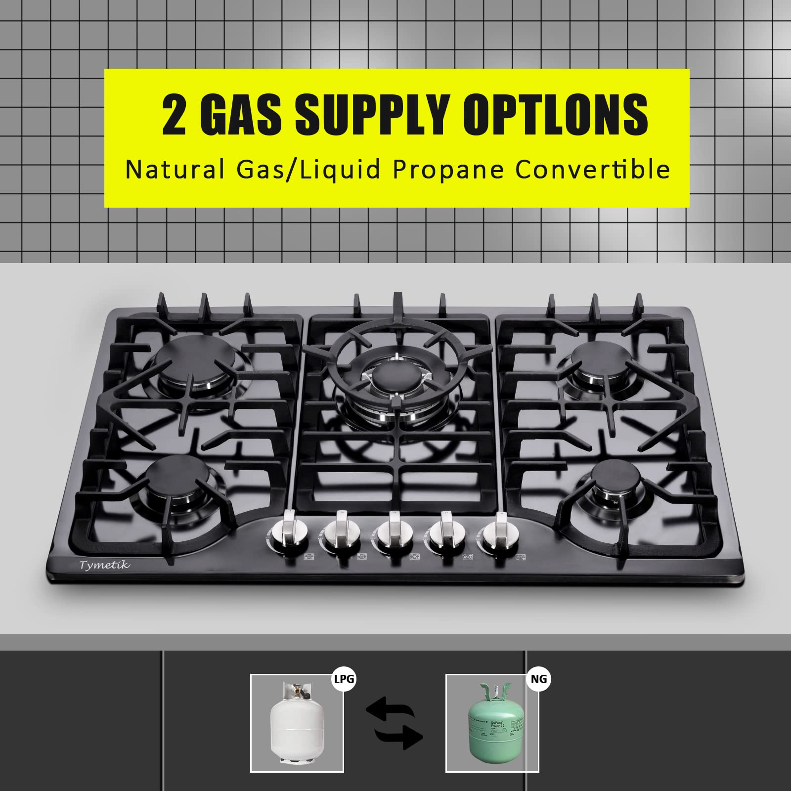 30 Inch Gas Cooktop, Built-in Stainless Steel Gas Stovetop 5 High Efficiency Burners Gas Stove LPG/NG Convertible Gas Hob (Black)