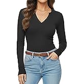 Meetrendi Womens Long Sleeve Shirts V Neck Casual Work Tops 2025 Fall Slim Fitted Basic Tee