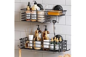TAILI Shower Caddy Suction Cup 2 Pack with Hooks & Soap holder, Heavy Duty Shower Organizer for Bathroom, No Drilling Bathroom Organizer with Large Capacity, Black Metal Storage Basket