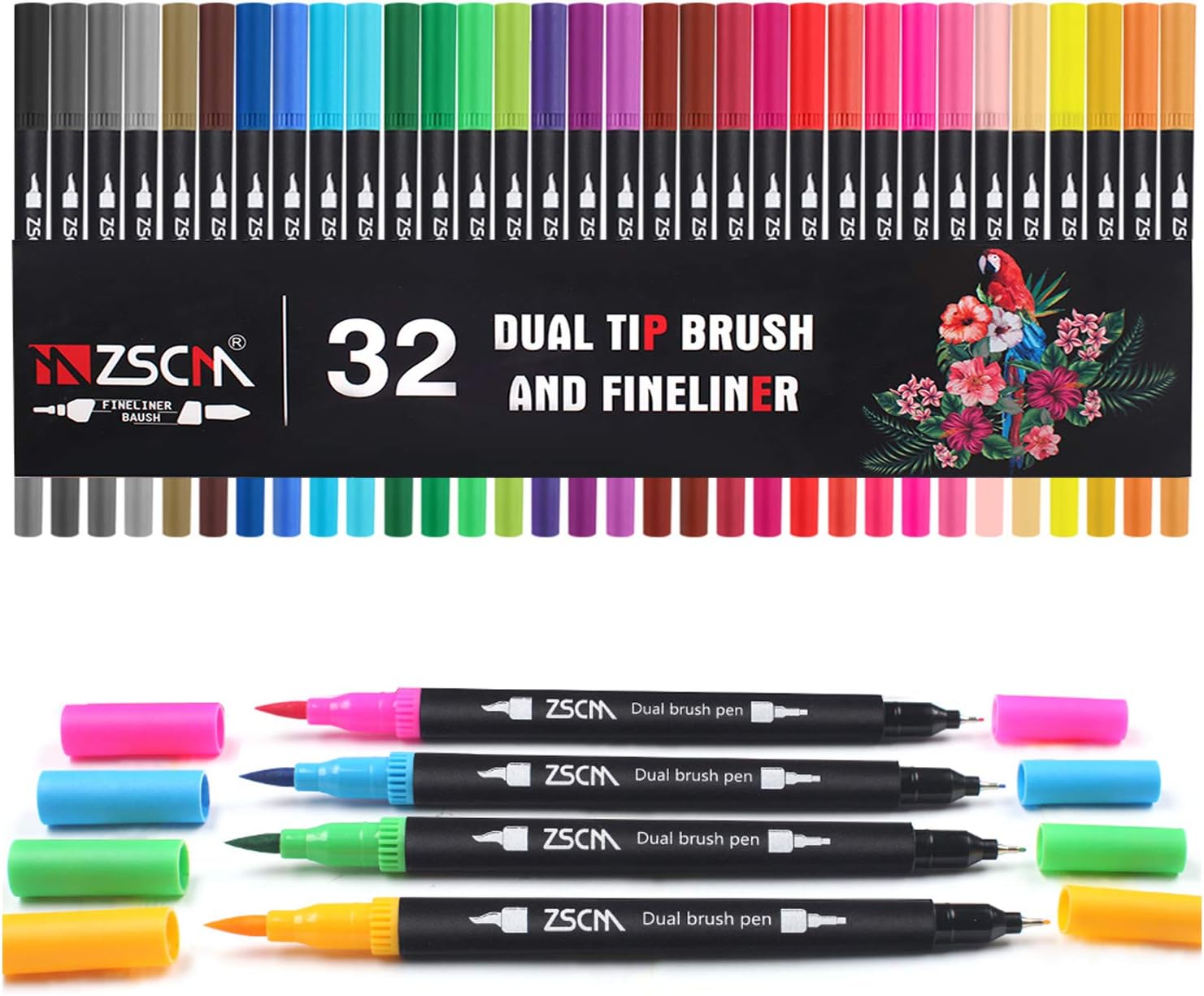 ZSCM 32 Colors Dual Tip Brush Pens Art Markers Set, Artist Fine and Brush Tip Colored Pens, for Kids Adult Coloring Books, Note taking Writing Lettering Calligraphy Bullet Journaling School Supplies : Office Products
