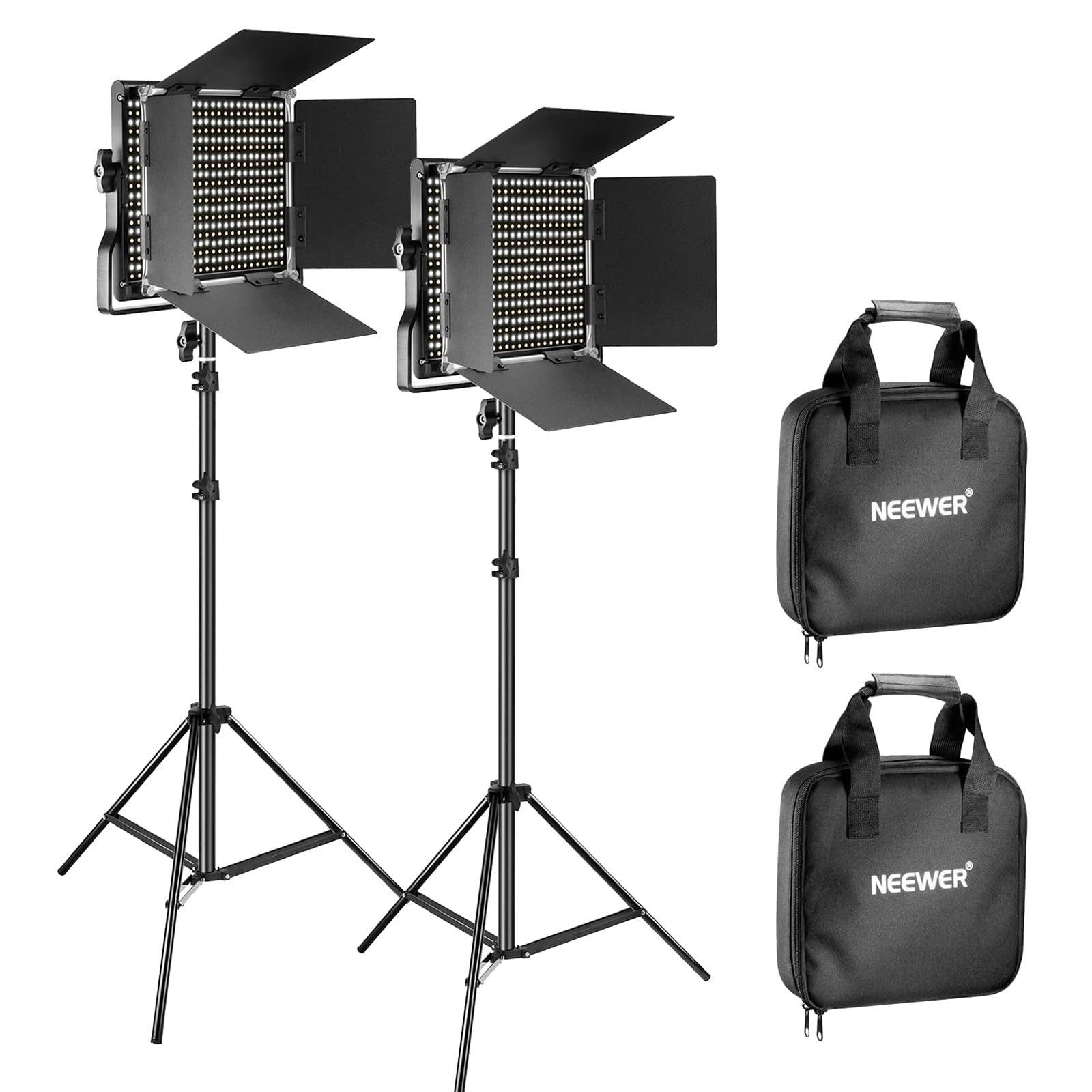 NEEWER Paquete de 2 luces de vídeo LED bicolor 660 y kit de soporte: (2) 3200-5600K CRI 96+ luz regulable con soporte en U y puerta de granero, (2) soporte de luz de 75 pulgadas para fotografía de estudio, grabación de vídeo (negro)