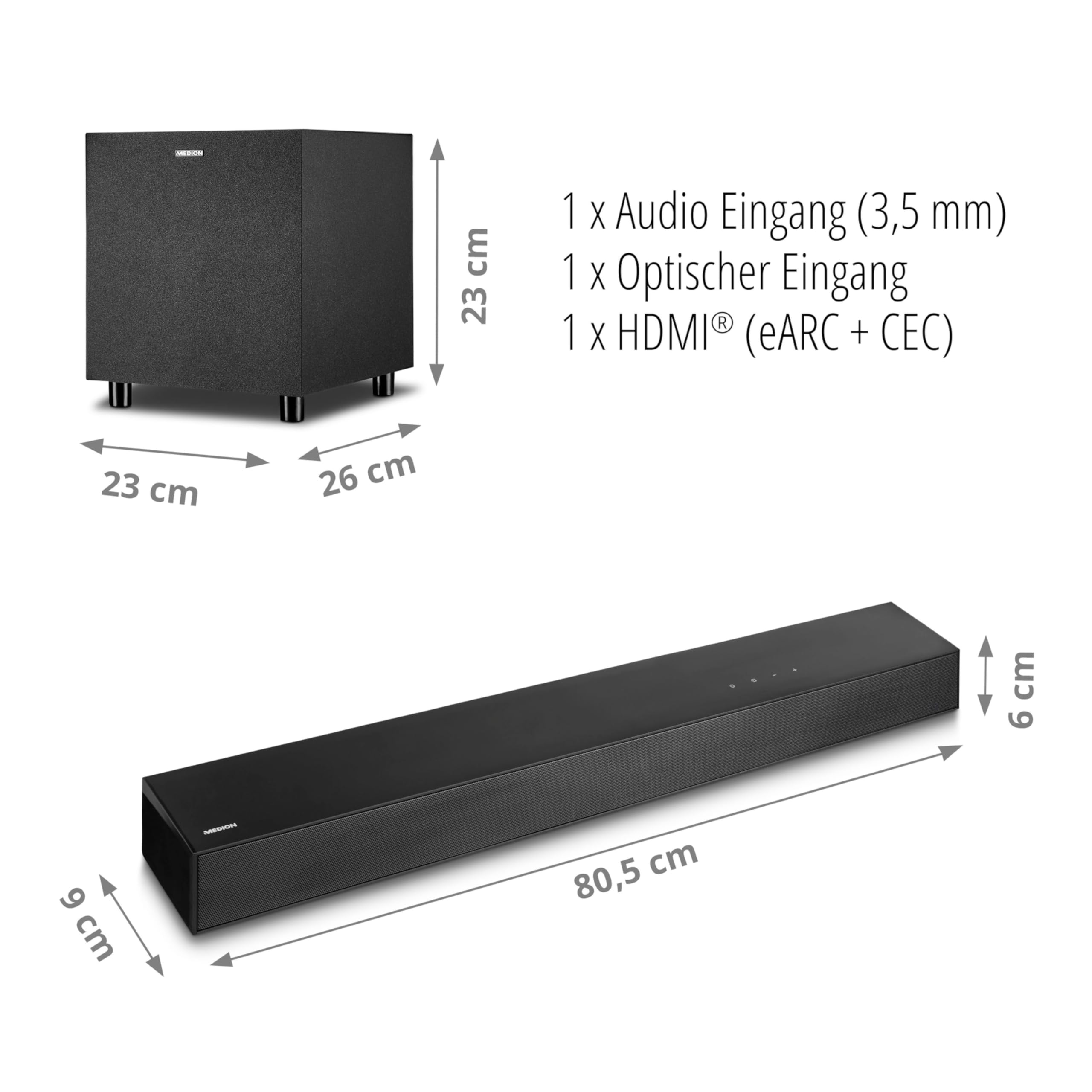 MEDION S61022 3.1 Dolby Atmos Soundbar mit kabellosen Subwoofer (für TV Geräte, Bluetooth 5.3, HDMI eARC CEC, optischer Eingang, AUX, 3 x 20 W + 60 W (RMS) Subwoofer kabellos, Fernbedienung 7