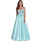 Hiclein Women's Glitter Tulle Prom Dresses Long Off Shoulder Ball Gown 2026 Lace Appliques Corset Formal Evening Gown