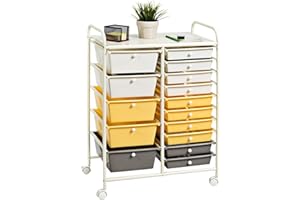 KOTEK 15-Drawer Rolling Storage Cart, Multipurpose Mobile Utility Cart with 4 Wheels, Home Office School Tools Scrapbook Paper Organizer (Yellow)
