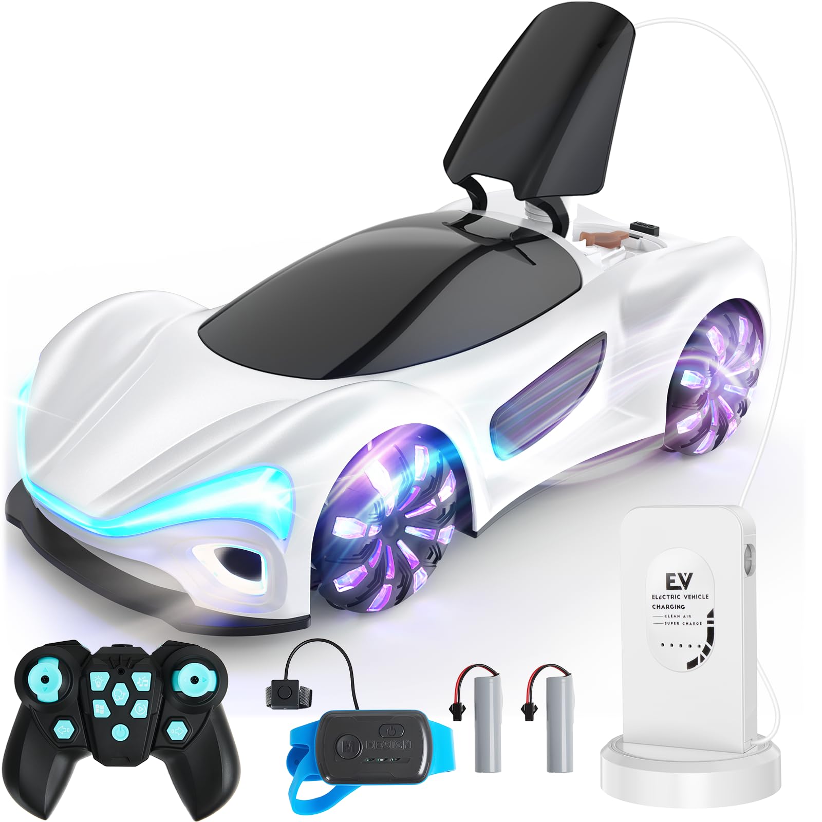 Photo 1 of SIMREX Gesture Sensing Remote Control Car with Charging Dock - 360° Rotate Drift RC Stunt Car Toy, 40 Min Playtime, Dual Control, Spray Mist & LED Lights, Birthday Gift for Kids Boys Girls?White?