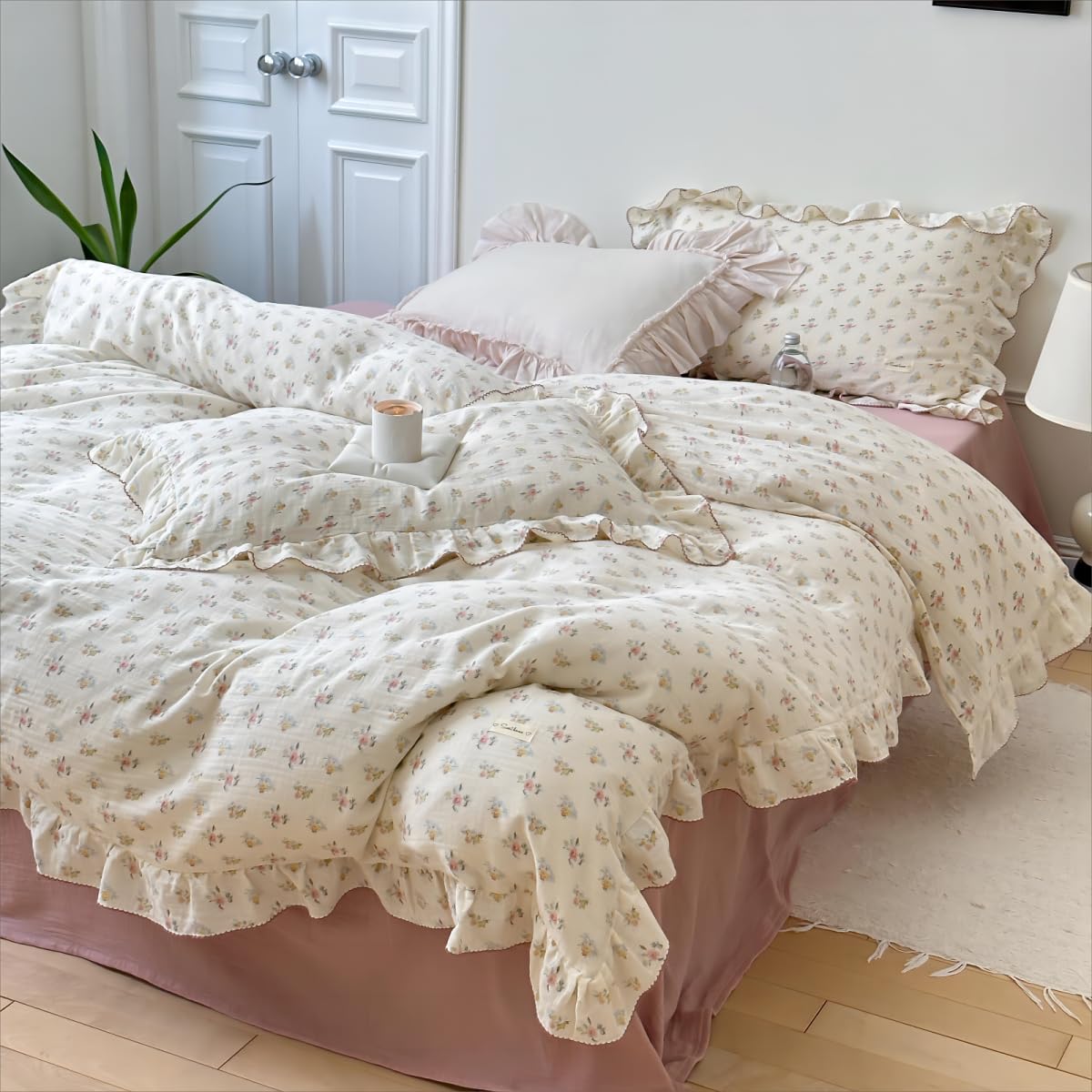 BuLuTu Muslin Duvet Cover King, Vintage Azalea Floral Comforter Cover with Ruffles, Princess Bedding Soft Breathable Gauze Cotton Quilt Covers,90"x104", Zipper Closure, No Pillow