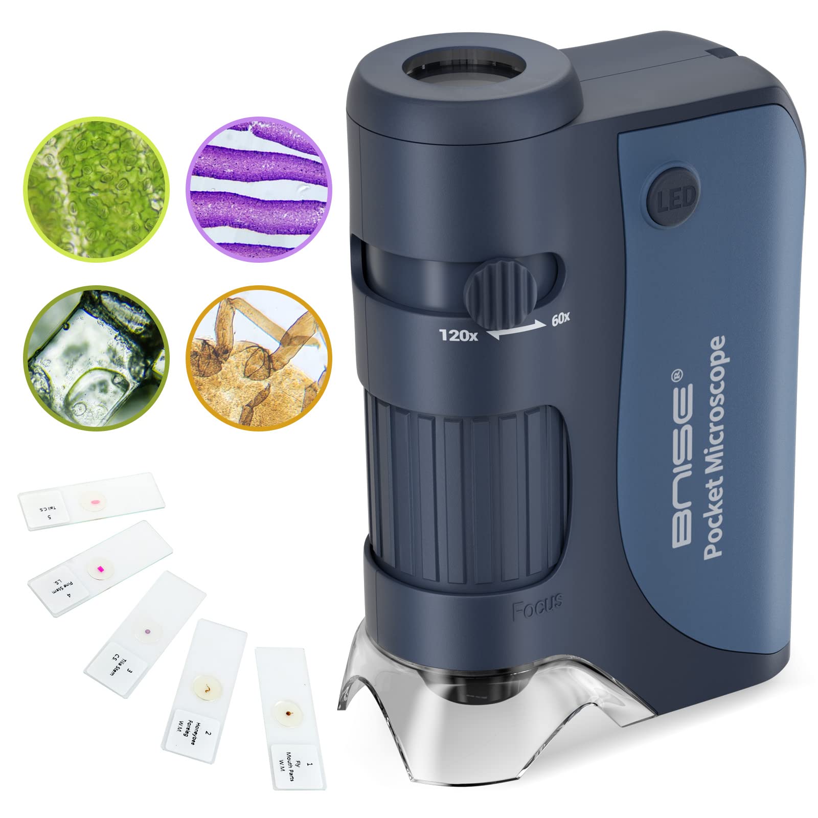 Pocket Microscope for Kids - Handheld 60X-120X Zoom with LED, Portable Mini Microscope with 5pcs Slides for Learning and Exploring