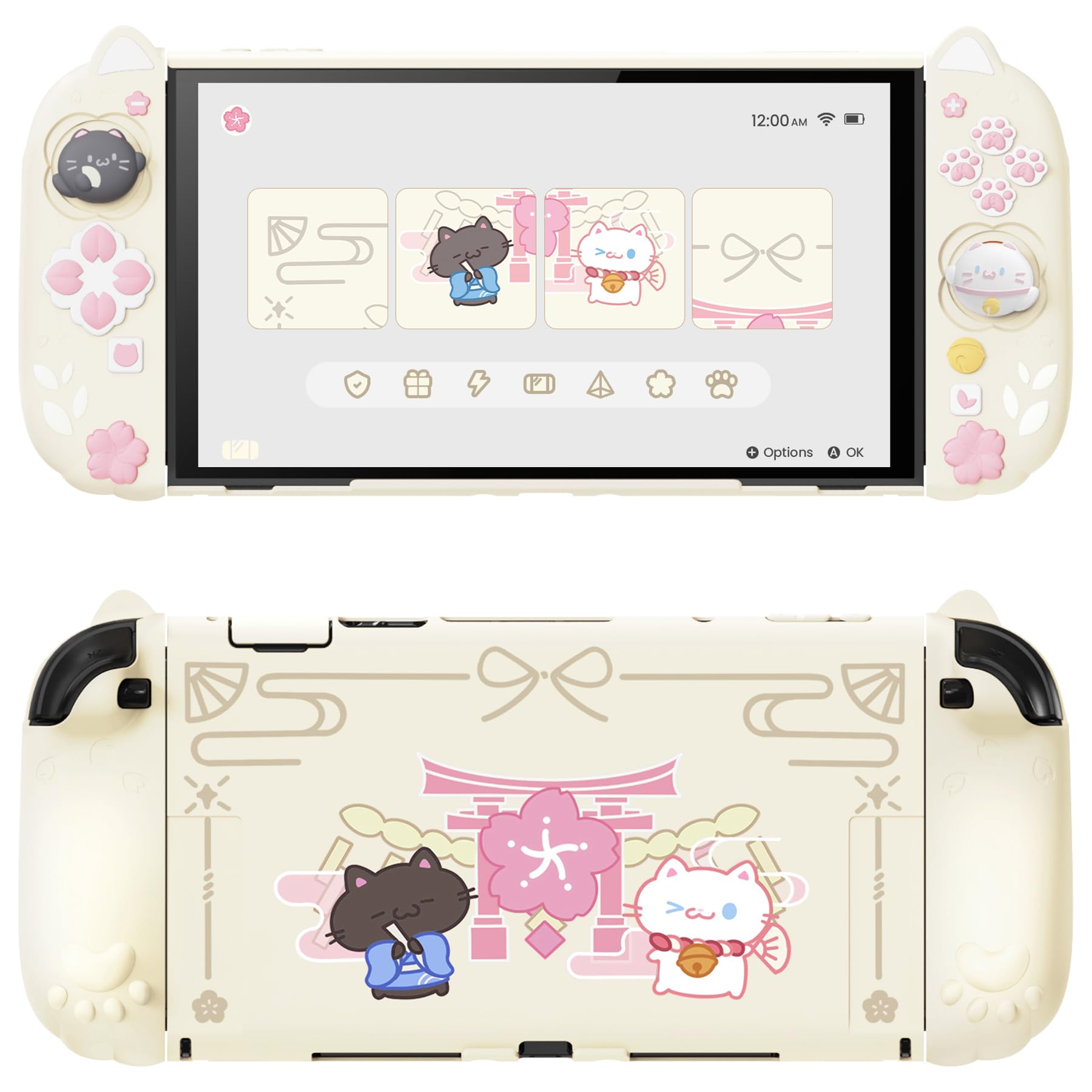 PlayVital Cherry Blossoms Kitten Protective Case for Nintendo Switch 2 with Stand | Cute Cat Ear & Paw Silicone Grips, Dockable Hard Shell, 2 Joystick Caps | Full-Body Protection Cover, Antique Yellow
