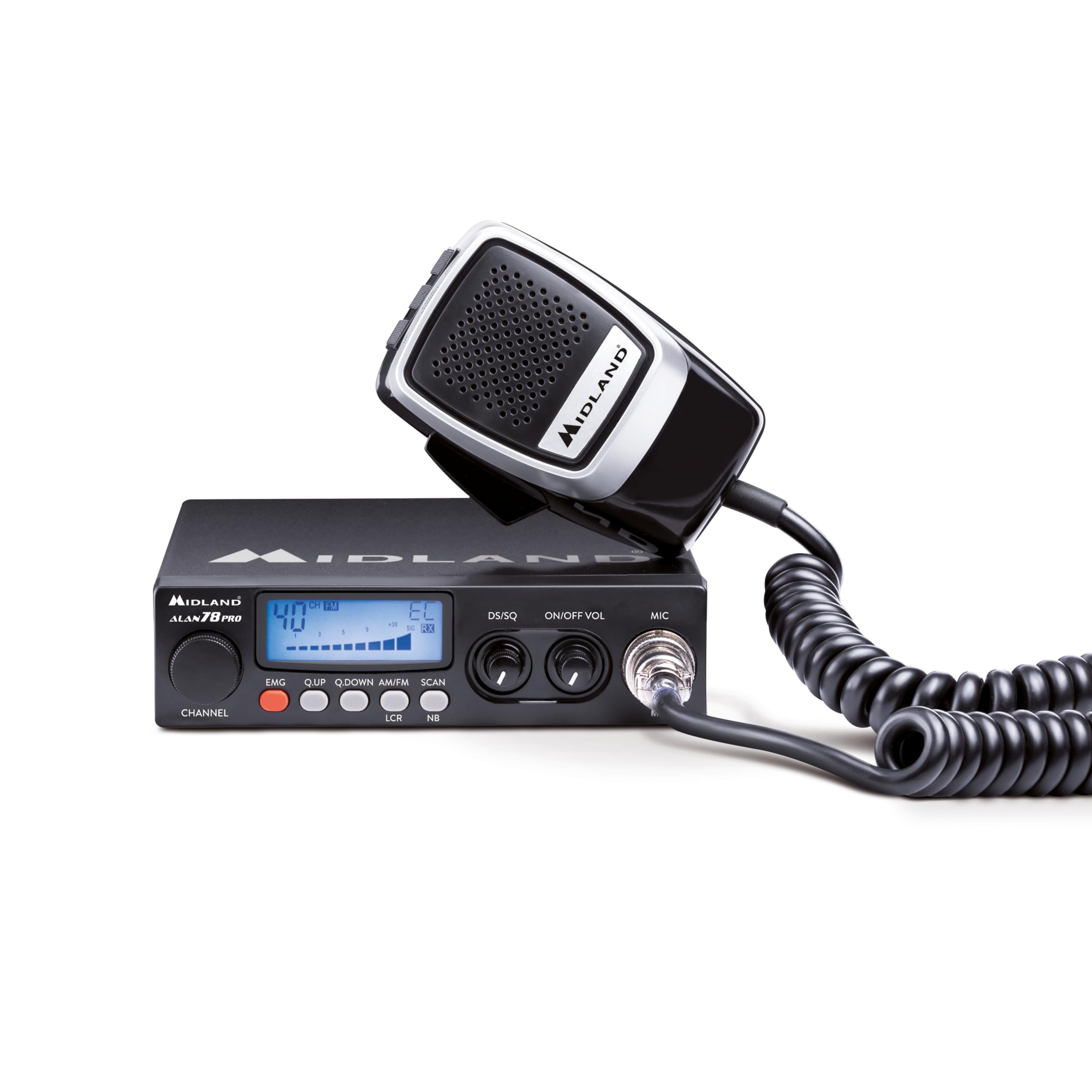 Midland - CB Radio ALAN 78 PRO, License-Free Multiband Mobile Transceiver, Adjustable Power 1W/4W, Display and S-Meter, Digital Squelch, Noise Blanker, SCAN, 6-Pin Precision Series Microphone