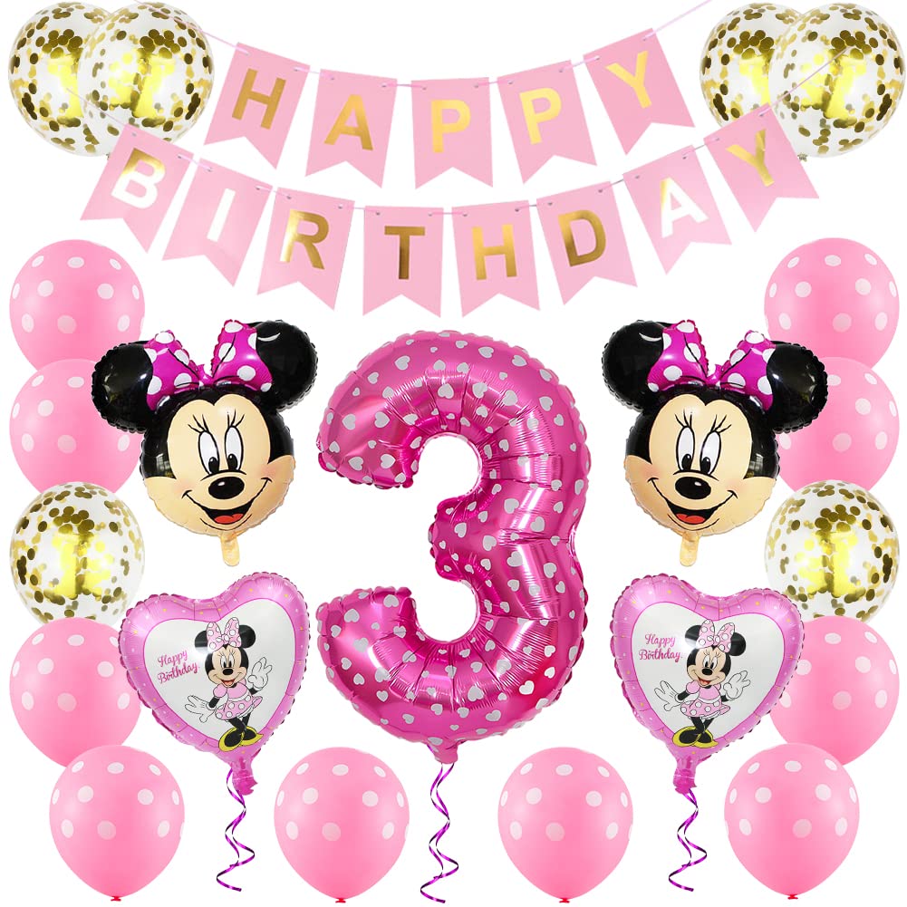 BESTZY Minnie Themed 3rd Birthday Party Supplies - Pink Decoration with Banners and Balloons