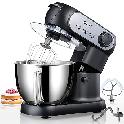 GEFT Stand Mixer, 6 QT 600W Tilt-Head Dough Mixer, 6+P speed Mixers Kitchen Electric Stand Mixer with Stainless Steel Bowl, Dishwasher-Safe Dough Hook, Flat Beater, Wire Whisk, Splash Guard, Black