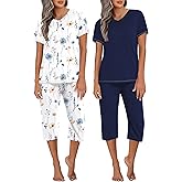 Ekouaer 2 Pack Women's Capri Pajama Sets Short Sleeve Two-Piece Pjs V Neck Tops & Pants Printed Lounge Sets S-3XL