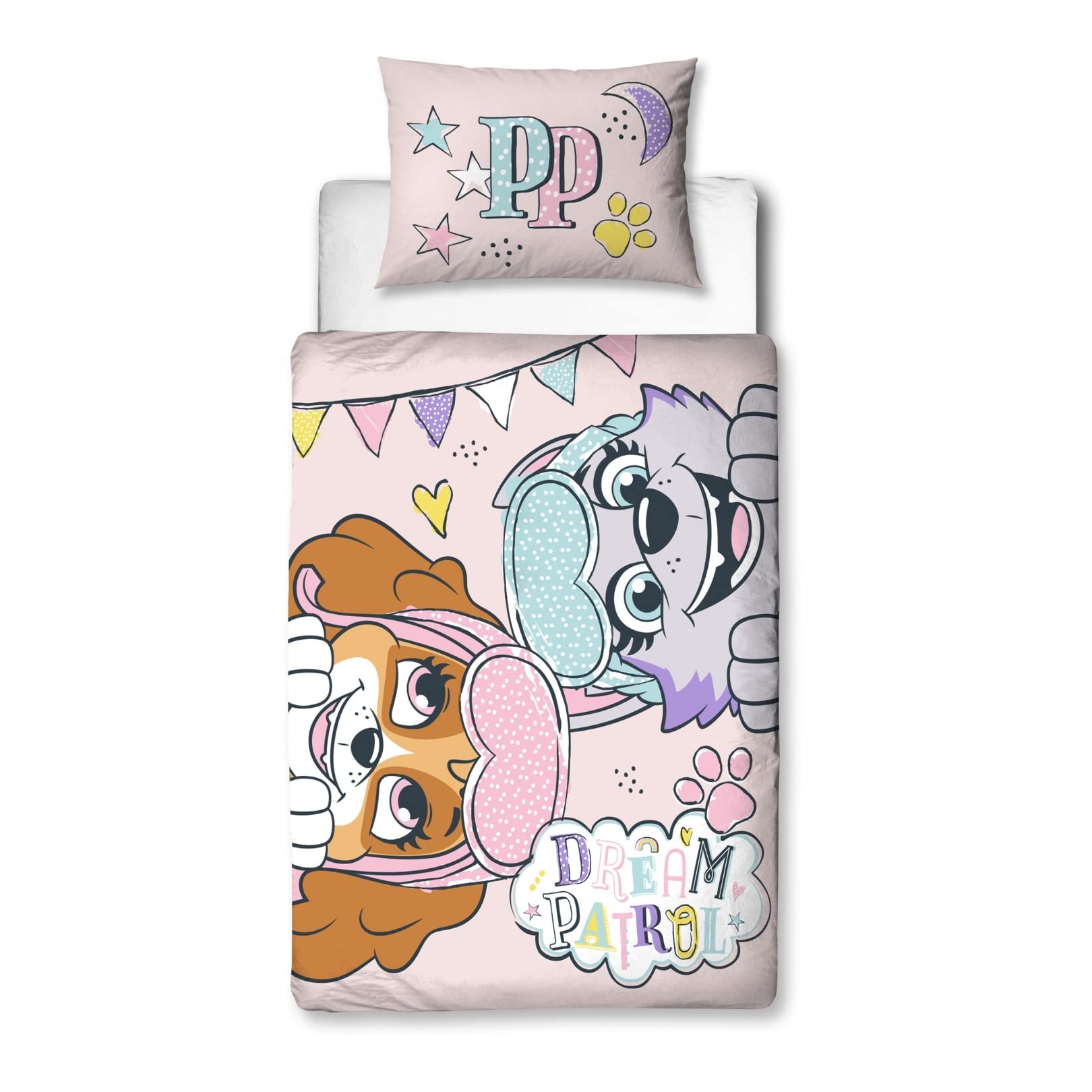 PAW PATROL Official Toddler Cot Bed Duvet Cover | Dream Design Reversible 2 Sided Bedding Including Matching Pillow Case | Character World Brands | Polycotton, Pink