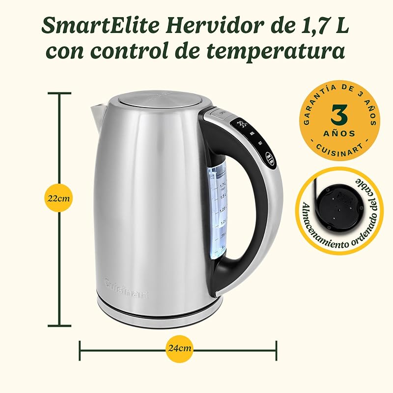 Hervidor Eléctrico SmartElite 1,7L Inox – Pantalla táctil, Temperatura ajustable 50–100°C, Hervido rápido 3 kW, Filtro antical apagable, Pico de vertido preciso