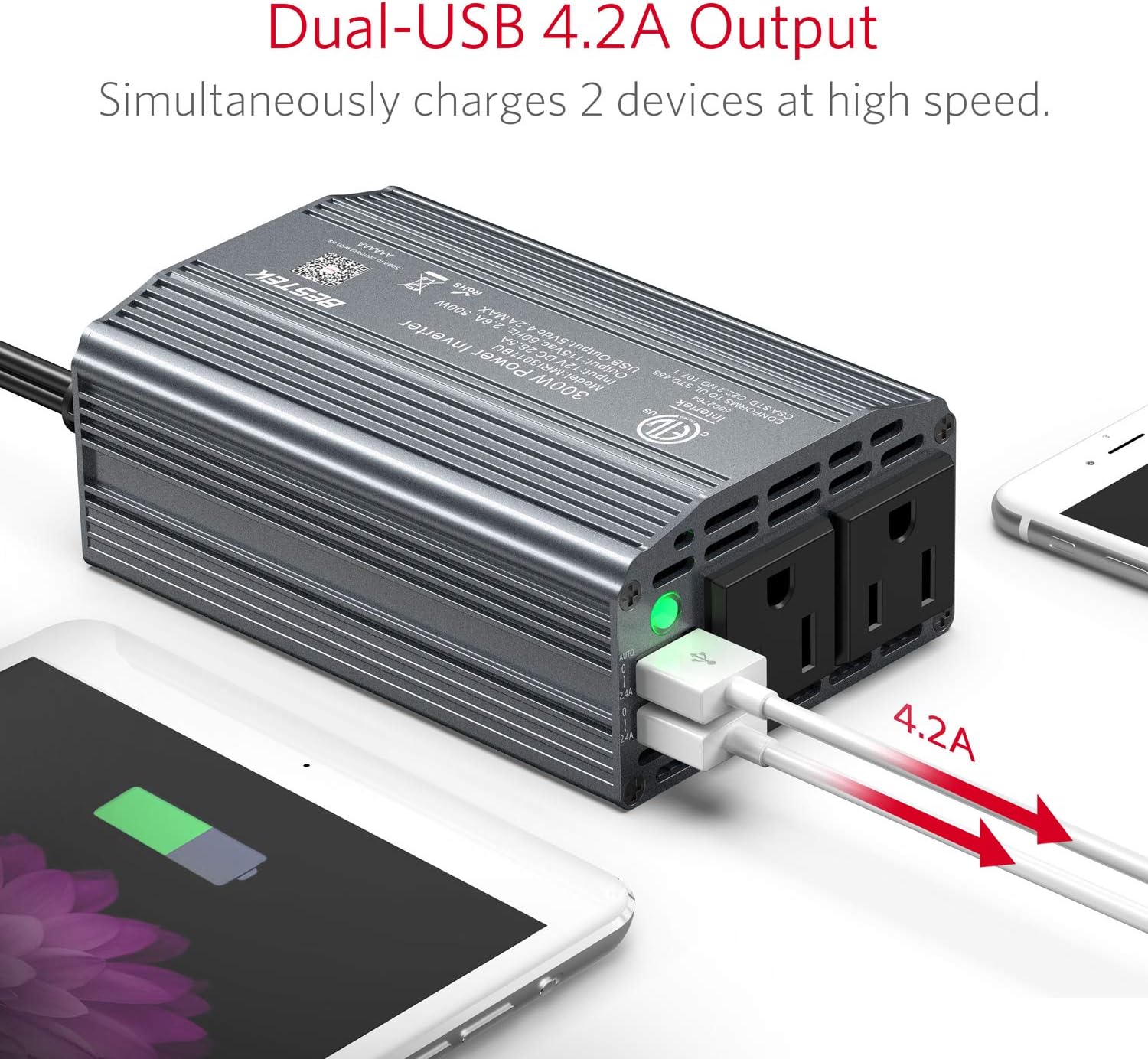 BESTEK 300W Power Inverter DC 12V to 110V AC Car Inverter with 4.2A Dual USB Car Adapter (Gray): Electronics