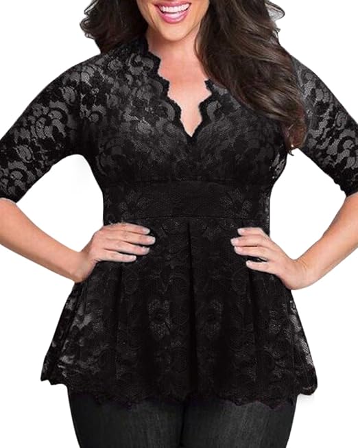 SUNNYME Damen Bluse Oberteil Spitze Shirt Sexy Oberteile Elegant Langarmshirts Größe Plus Size V-Ausschnitt Blumen 1/2 Ärmel 