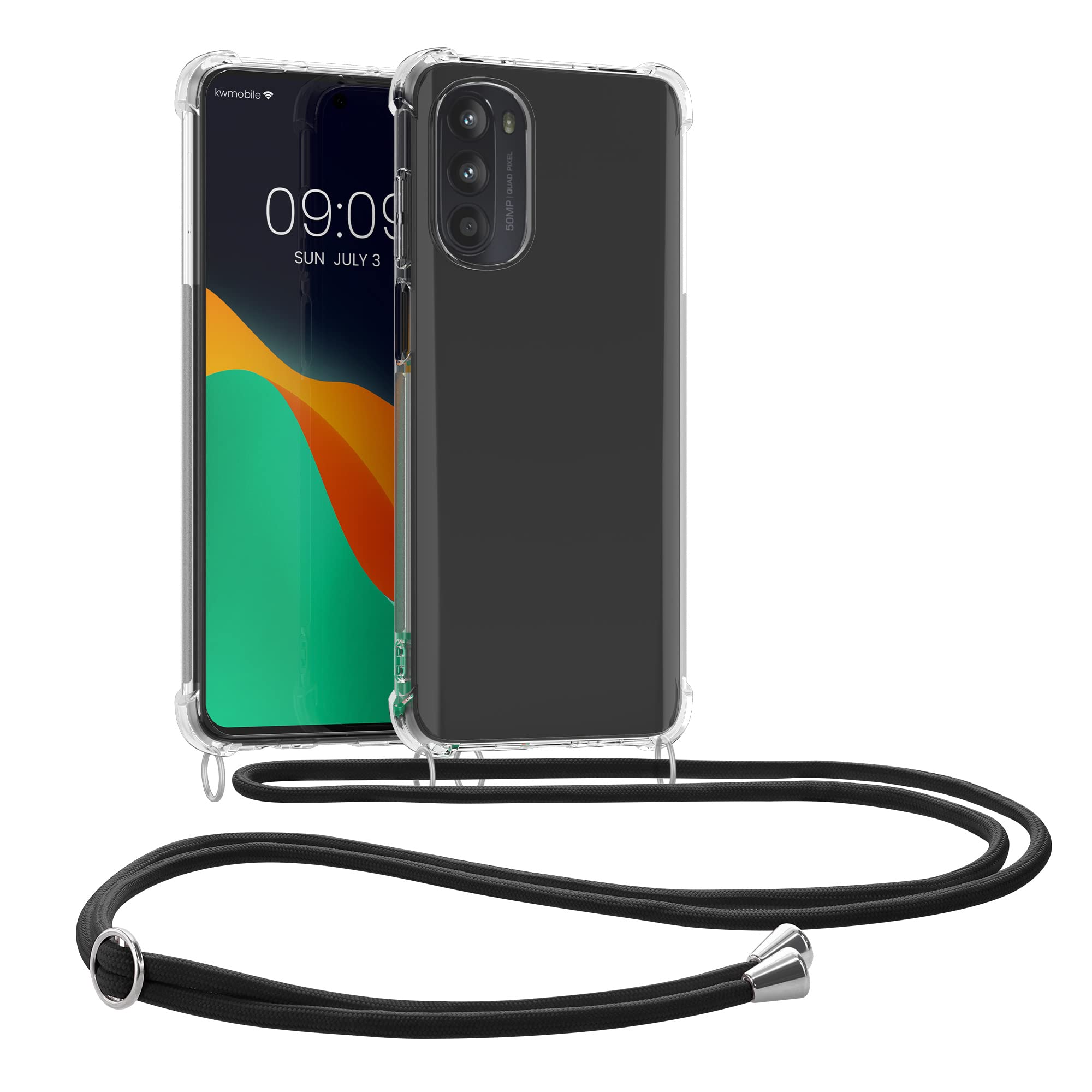 kwmobile Crossbody Case Compatible with Motorola Moto G52 / Moto G82 5G Case - Clear TPU Phone Cover w/Lanyard Cord Strap - Transparent/Black