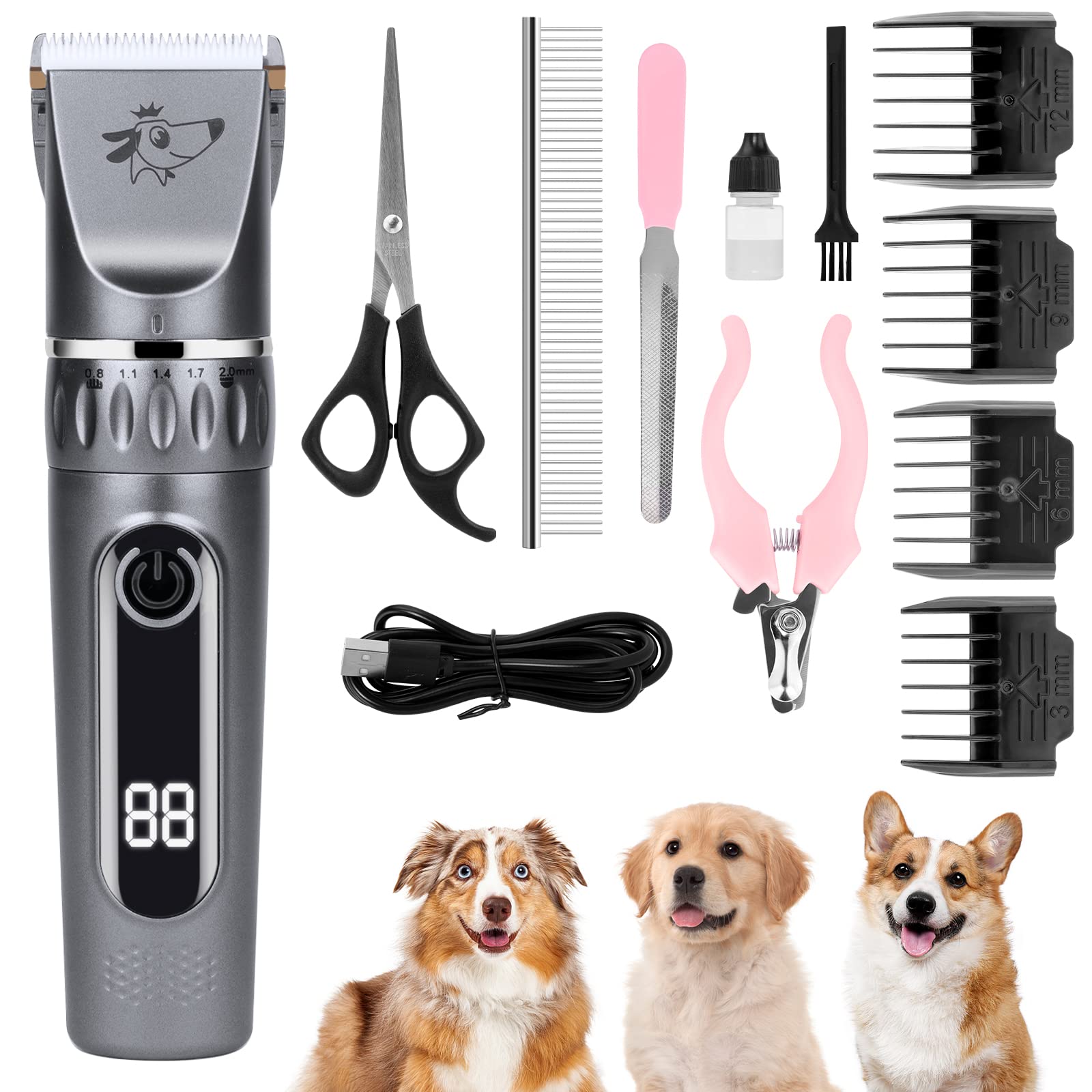 vsshe Dog Clippers, Professional Dog Grooming Clippers Kit, Low Noise Rechargeable Cordless Dogs Grooming Clipper, Electric Pet Clipper Hair Trimmer for Dogs, Cats and Other Animals, Silver