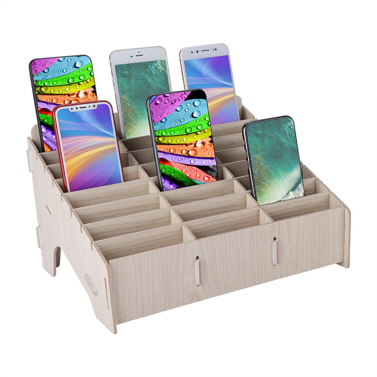 Wakects Wooden Mobile Phone Management Storage Box, Thickened 24 Slots Cell Phone Locker Suitable for Classroom, Conference Hall 12.8 X 9.3 X 1.4 in