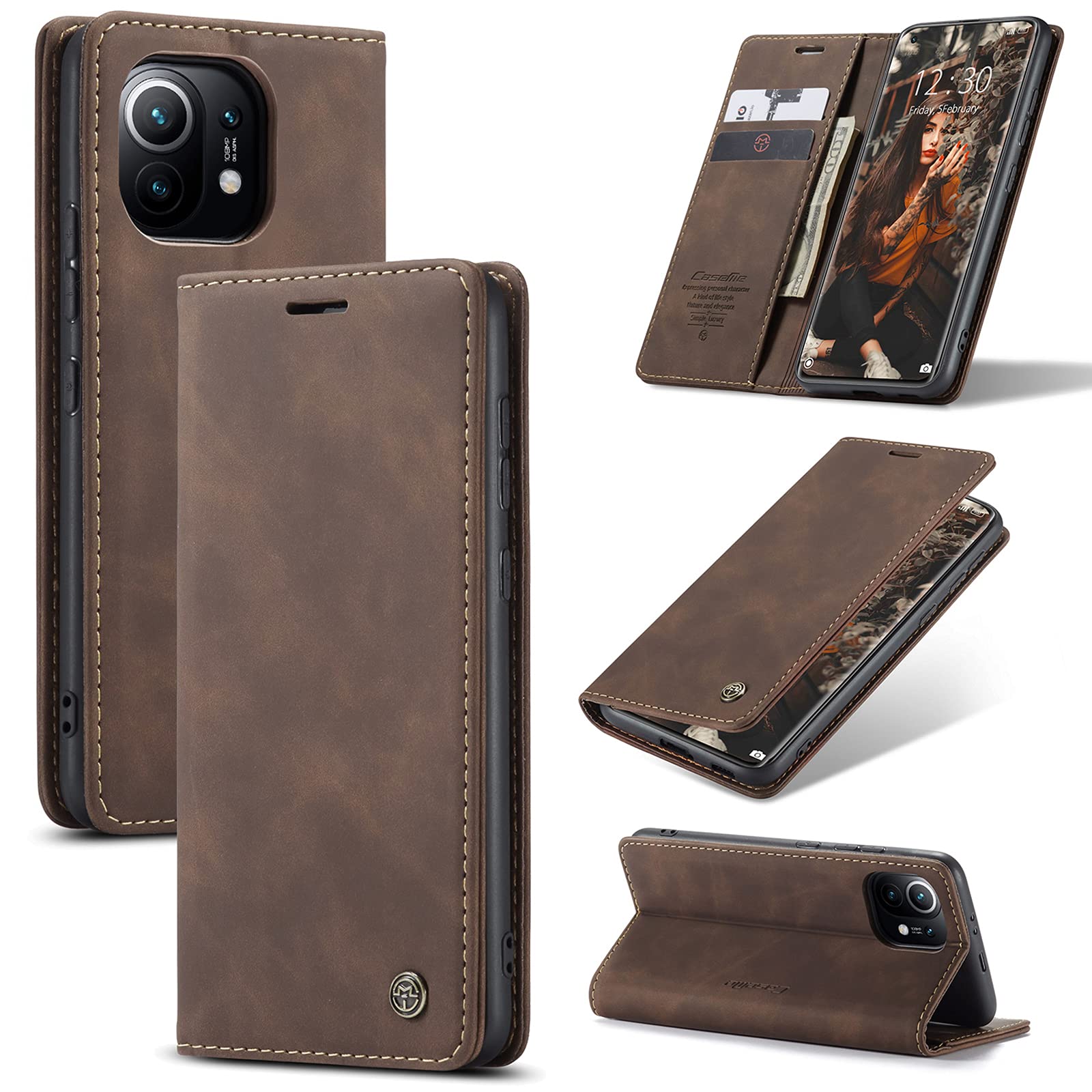 UFinetech Case for Xiaomi Mi 11, Leather TPU Cover Shell for Xiaomi Mi 11 5G, Slim Soft Flip Folio Magnetic Closure Kickstand Card Holder Wallet 2-in-1 Shockproof Anti-scratch Camera Protector, Coffee