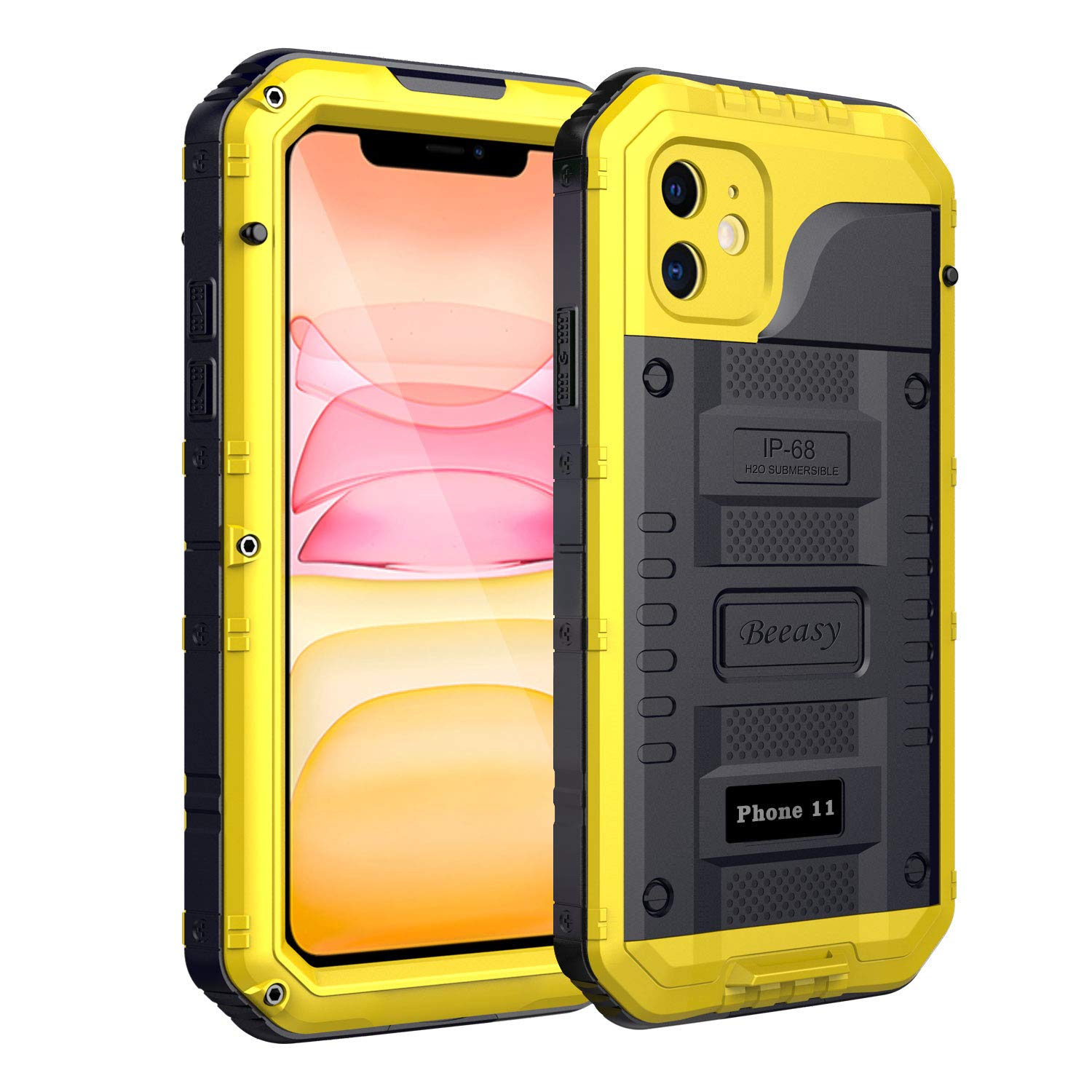 Beeasy Case Compatible with iPhone 11 Yellow, Waterproof Shockproof Tough Heavy Duty, Built-in Screen Protector 360 Degree Full Body Military Protective, Metal Rugged Cover for Outdoor Sport
