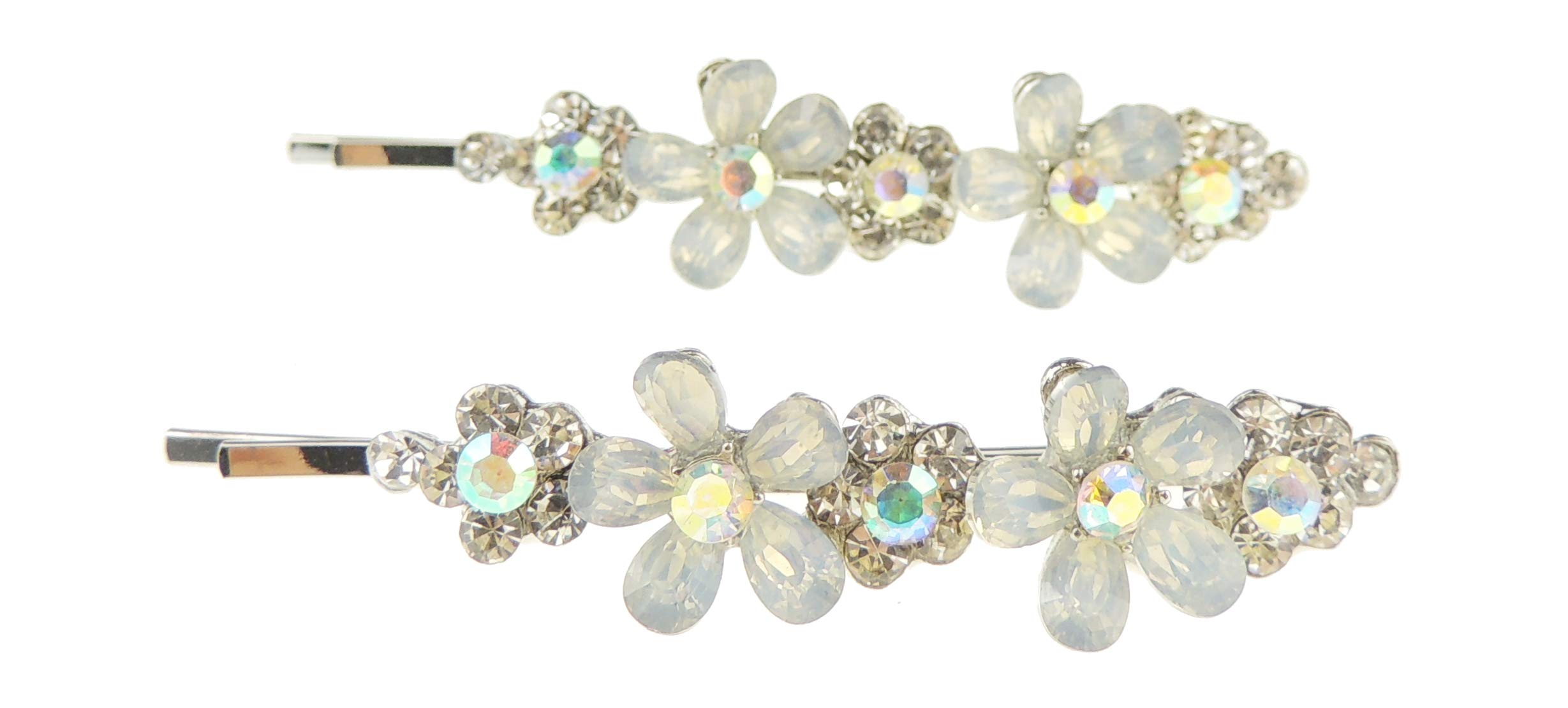 Womens Girls Sparkly Bow Rhinestone Jeweled Crystal Diamante Party Birthday Christmas Bridal Wedding Accessories Slides Hairpin Hair Clips Grips Bobby Pins SIlver Tone Set of 2 Daisy Flowers (Clear)