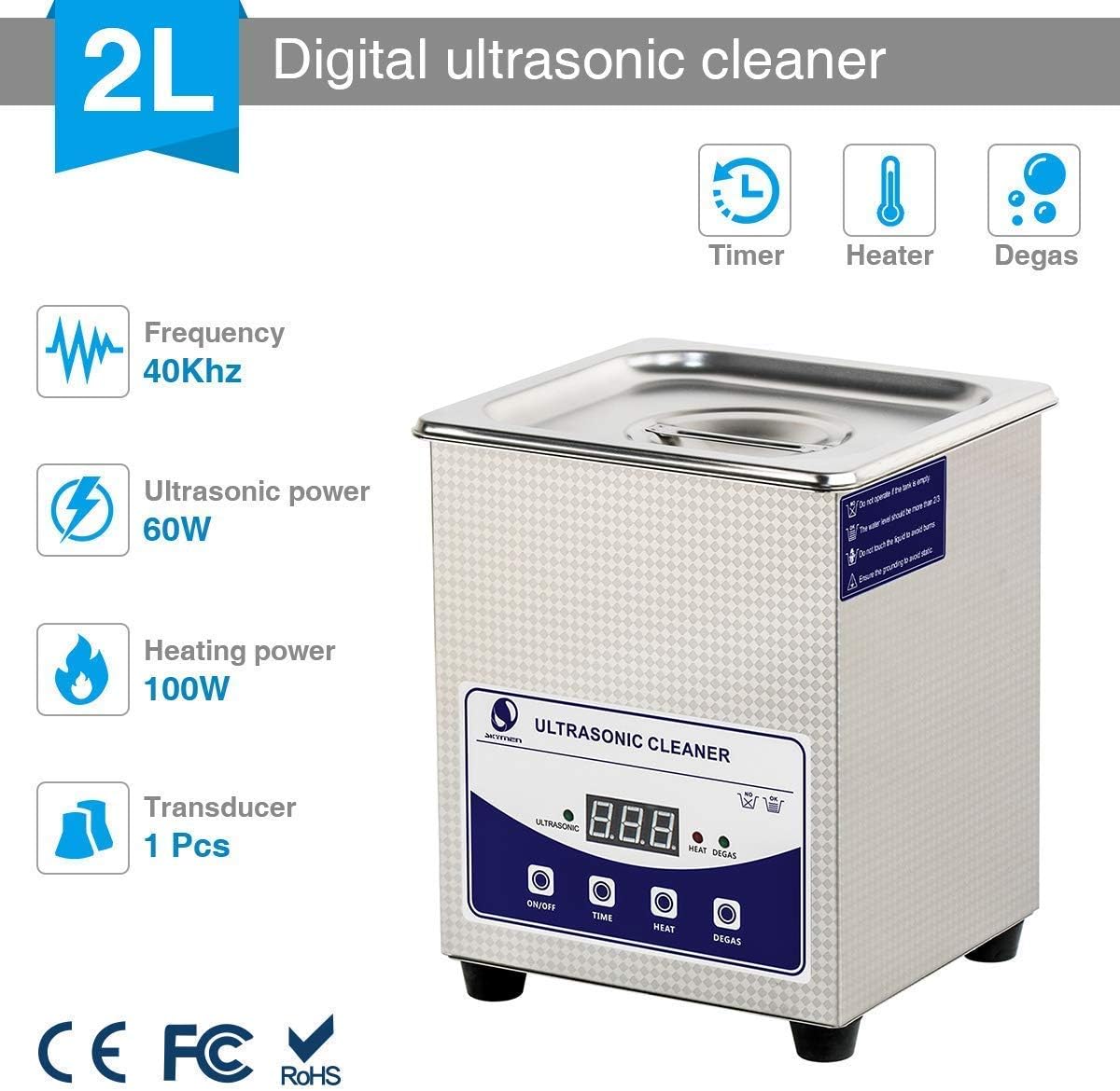 Ultrasonic Cleaner, with Digital Timer 60w 2L Stainless Steel for Clean Eyeglasses Dentures Watches 110V-240V-Silver