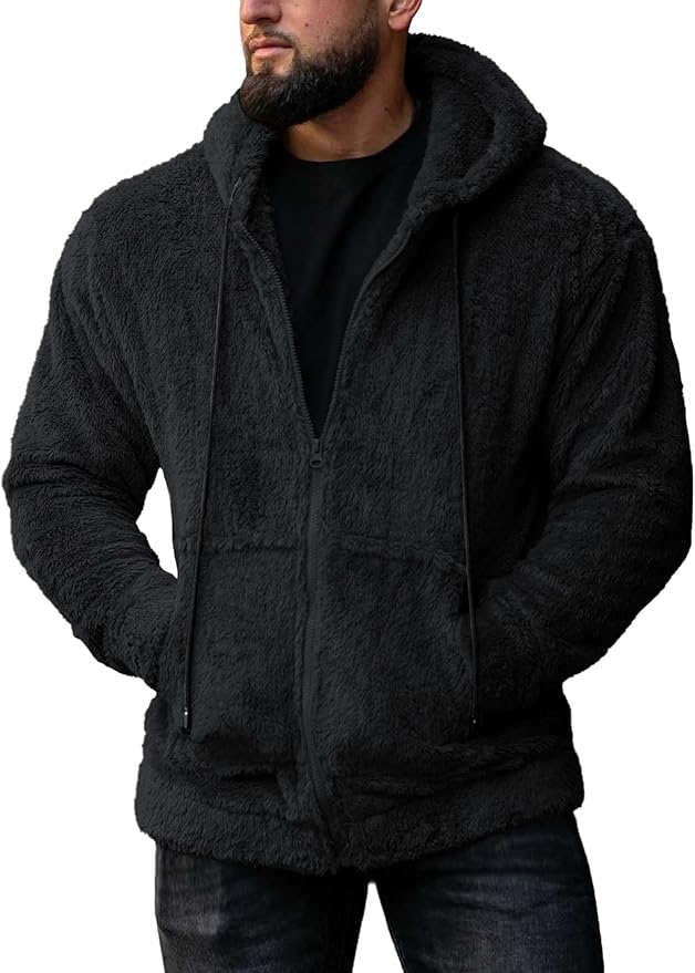 Mens Fluffy Jackets Zip Hooded Sweatshirts Sherpa Fleece Loose Fuzzy ...