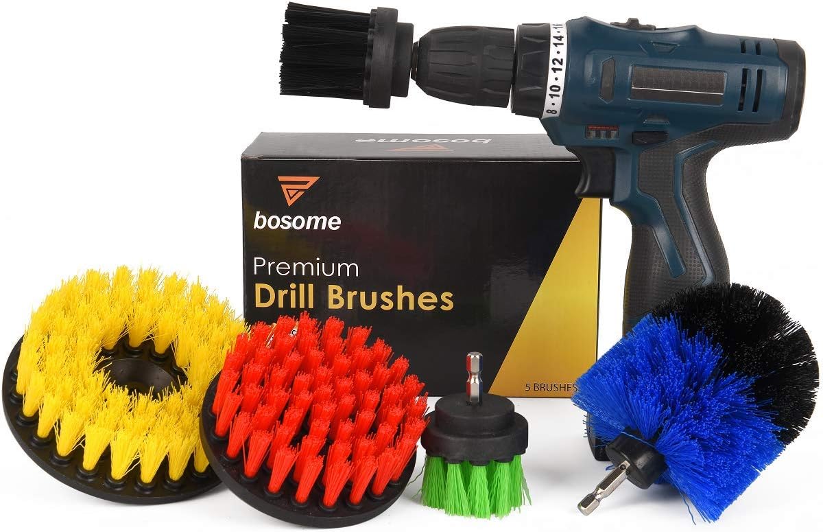 BOSOME Ultimate Drill Brush Set of 5 - Cleaning Kit - 5 Brush Designs - Bathroom, Kitchen, Toilet, Tile, Grout, Floor, Carpet, Rim, Shower, Tub, Indoor and Outdoors Power Scrubber - Drill Attachment