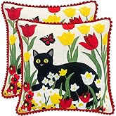 MixTabby Embroidered Decorative Throw Pillow Covers 18"x 18" Set of 2 ，Couch Square Pillowcases with Zipper for Living Room Couch Sofa Bed Flower Cats Linen Cotton Halloween Throw Pillow Covers