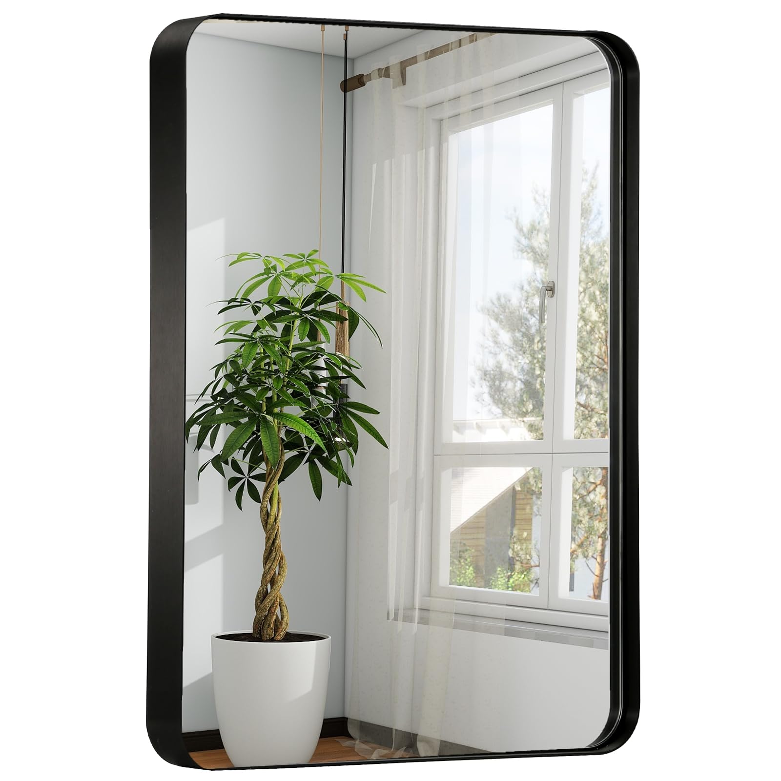 Photo 1 of JENBELY 22x30 Inch Black Bathroom Mirror, Brushed Metal Framed Rectangle Mirror with Rounded Corner, Black Bathroom Vanity Mirror for Bedroom or Living Room, Horizontal/Vertical