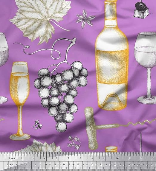 Soimoi Lila Poly Krepp Stoff Trauben, Weinglas & Flasche Stoff