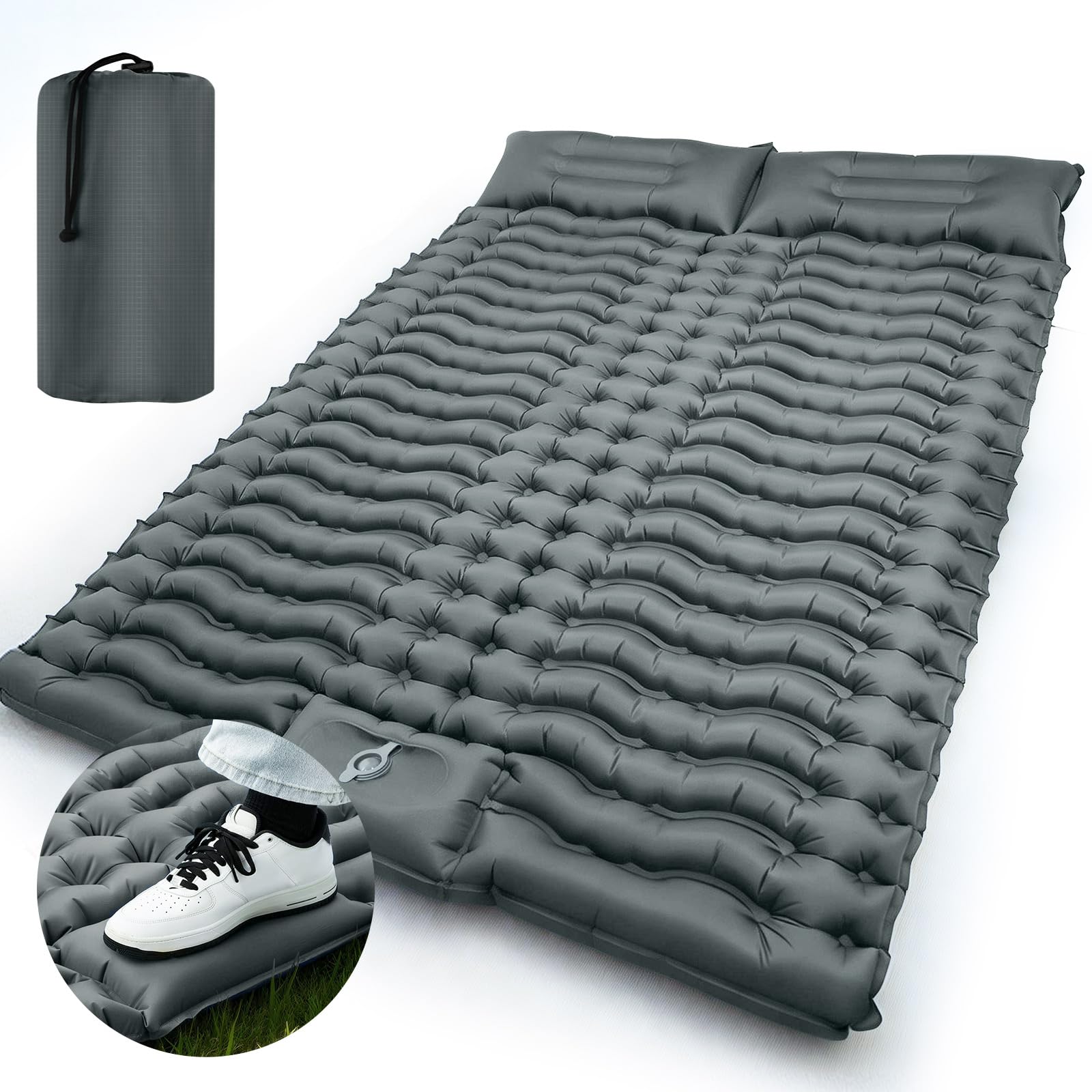 SOPPY Double Self-Inflating Camping Mat 10cm Thick - 2 Person Ultralight Sleeping Pad with Foot-Activated Pump, Waterproof Air Mattress for Couples Camping Hiking Backpacking - Grey