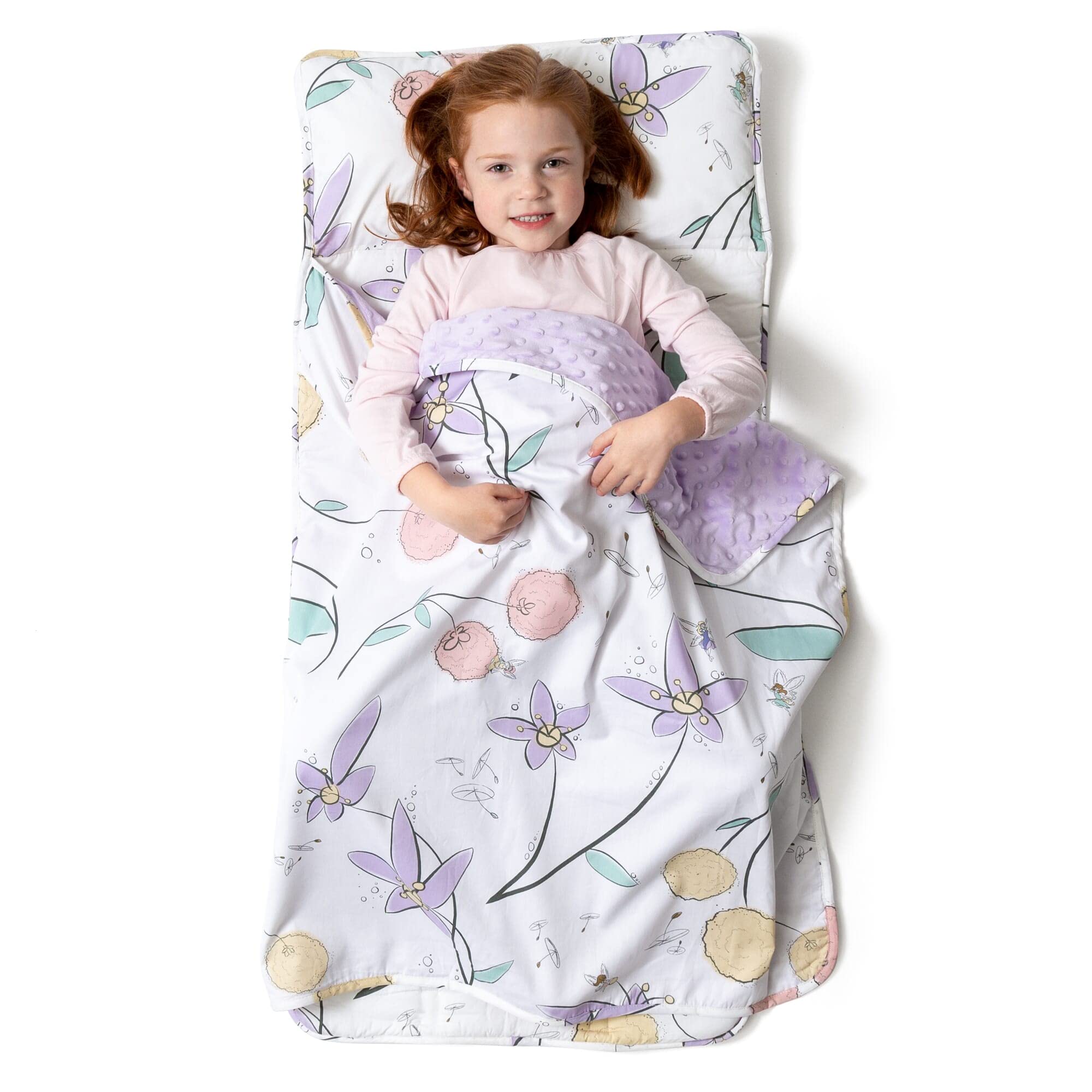 JumpOff Jo - Toddler Nap Mat for Preschool, Daycare, and Kindergarten - Sleeping Bag for Kids with Removable Pillow and Ultra Soft Blanket - Fairy Blossoms