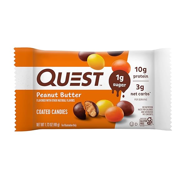 QUEST NUTRITION COATED CANDIES, PEANUT BUTTER, 1G SUGAR, 10G PROTEIN, 4G NET CARBS, GLUTEN FREE, KETO FRIENDLY, 12 COUNT